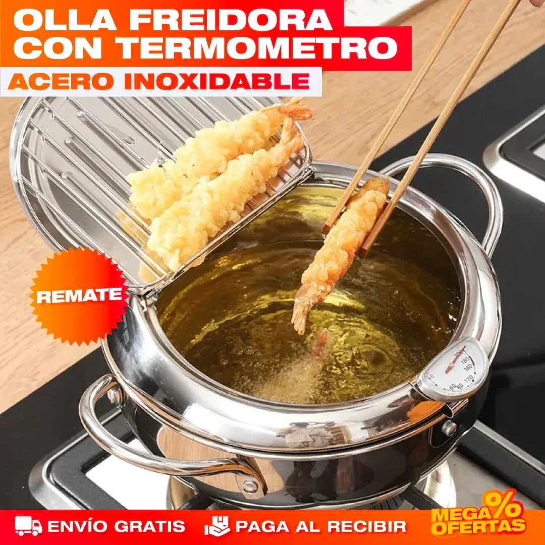 Olla Freidora con Termómetro de Acero Inoxidable